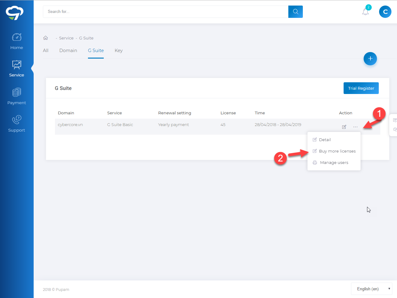 Hướng dẫn mua thêm giấy phép Gsuite tại hệ thống Pupam