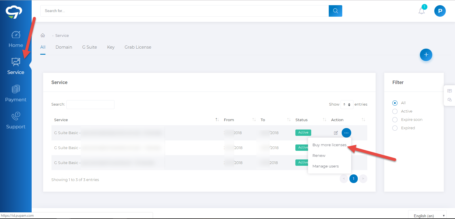 Buy more G Suite licenses in Pupam
