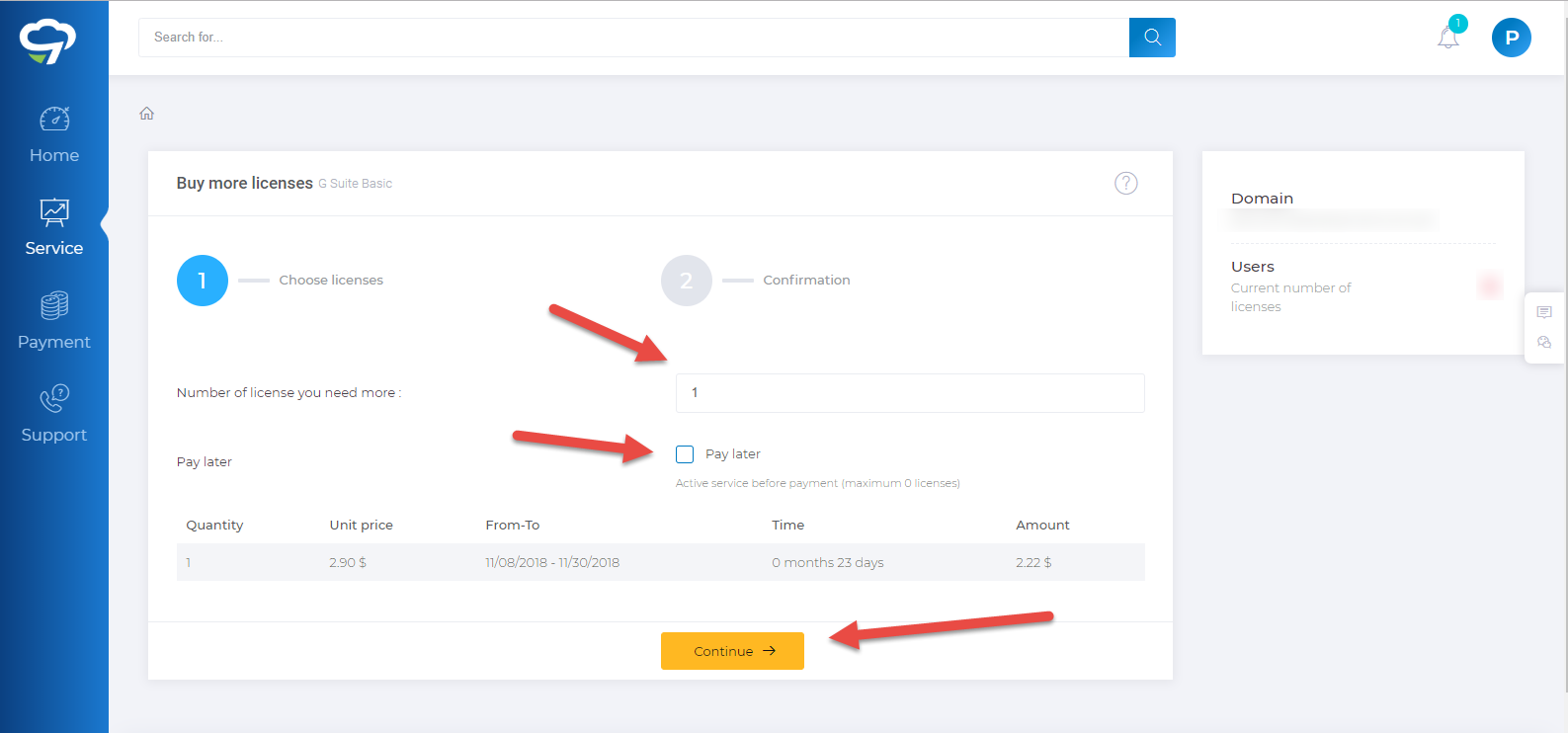 Buy more G Suite licenses in Pupam