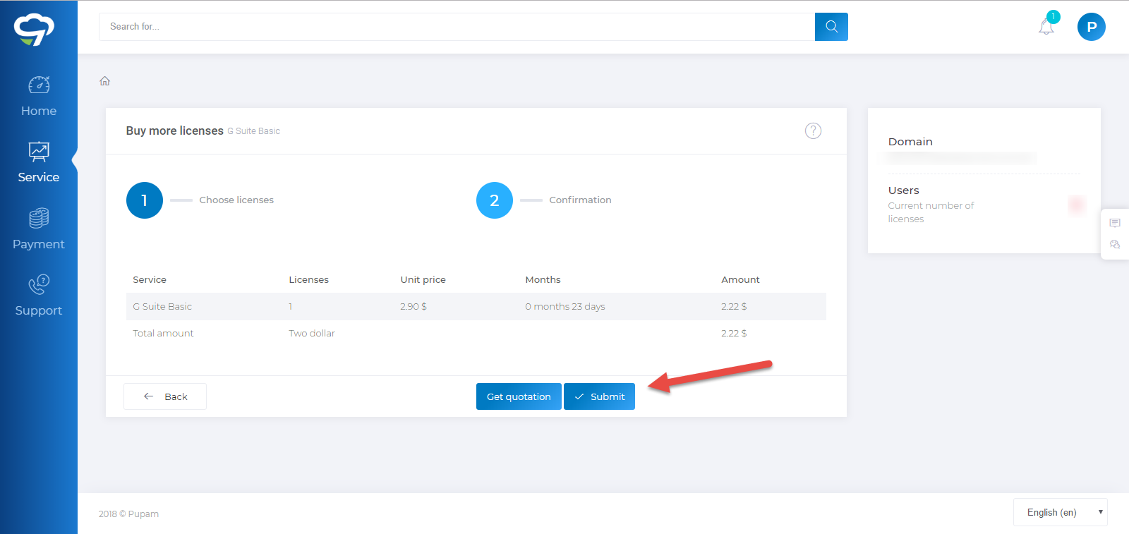 Buy more G Suite licenses in Pupam