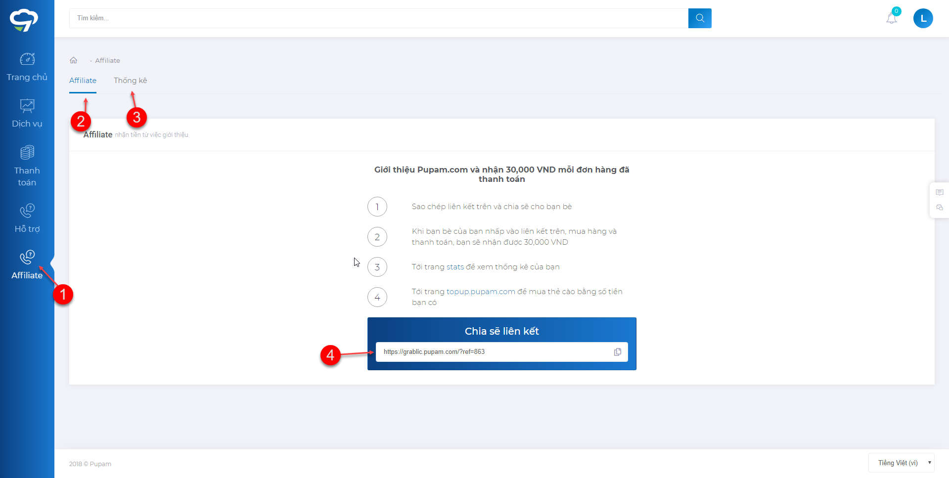 Hướng dẫn chia sẻ link affiliate trong hệ thống Pupam