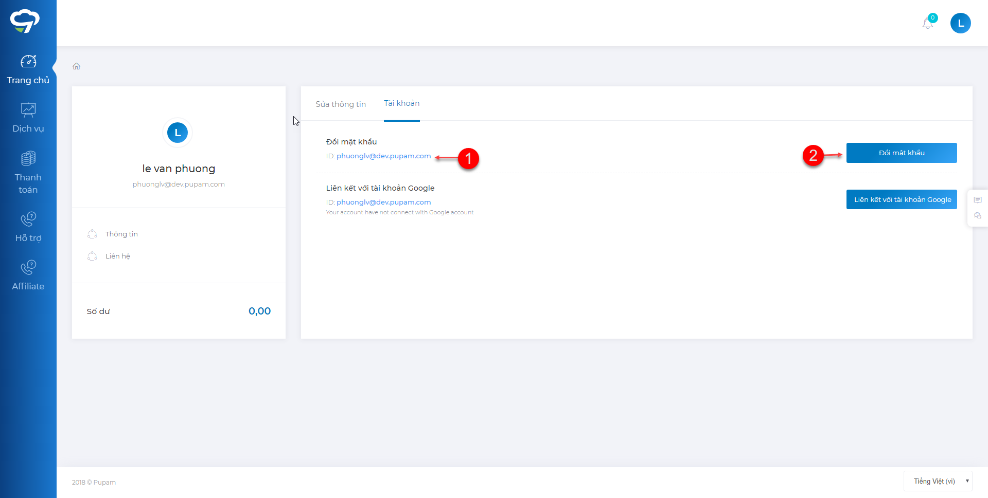Hướng dẫn thay đổi mật khẩu tài khoản pupam