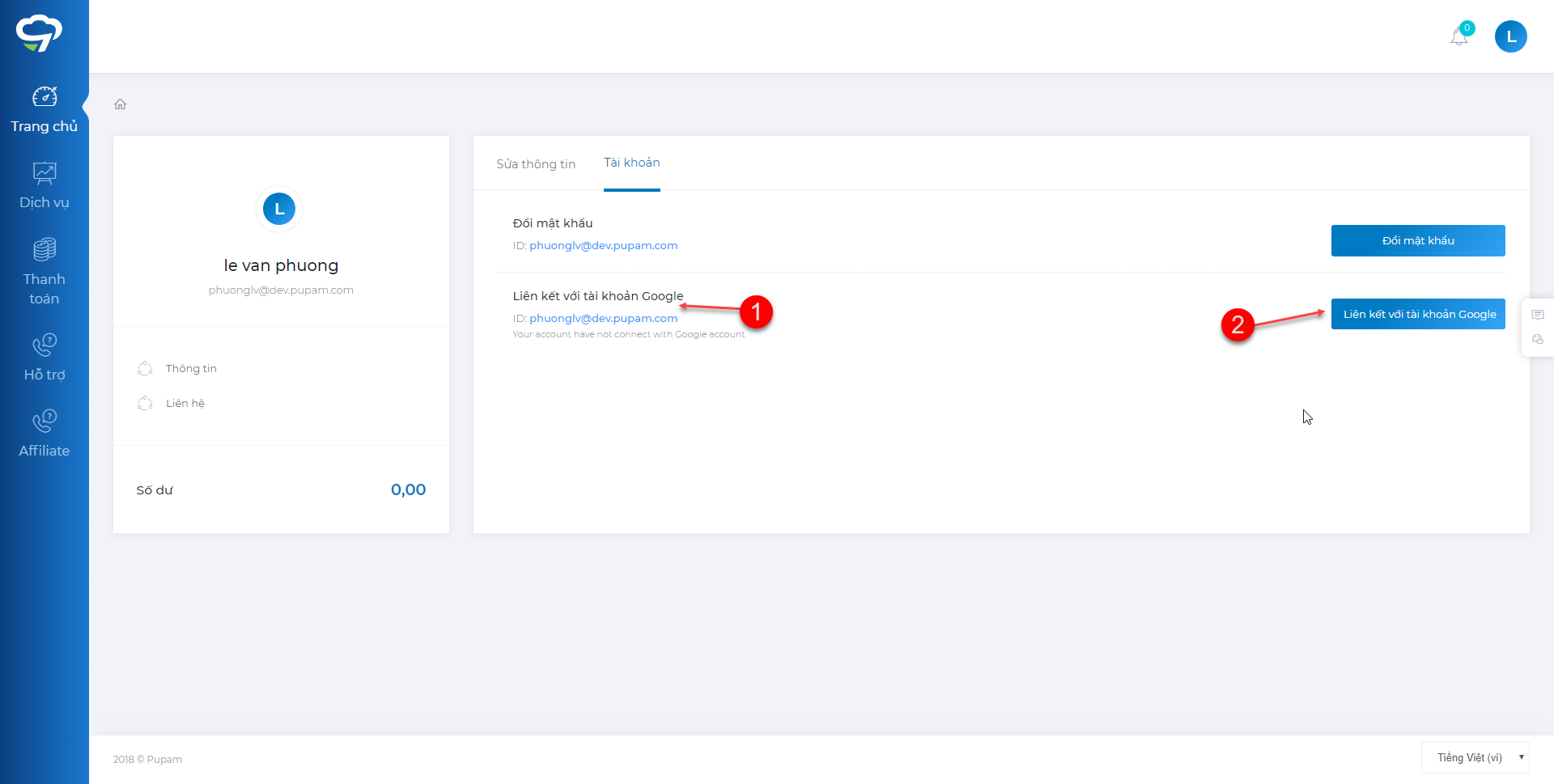 Hướng dẫn liên kiết tài khoản Pupam với Google Gmail
